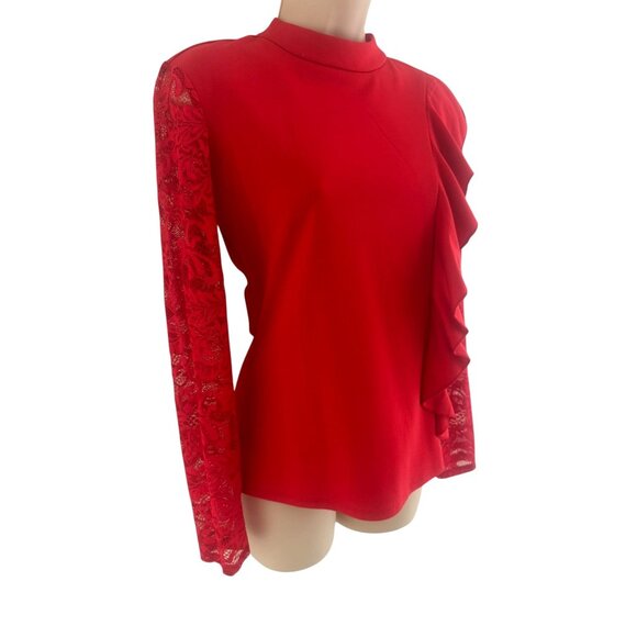 Venus Red Lace Long Sleeves Ruffle Knit Top Size S Christmas Holiday Evening - Picture 3 of 9